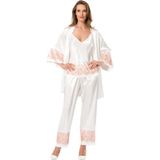 Pemilo 047 Fantezi Saten 3'lü Ekru Kadın Pijama Takımı