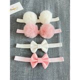 Pempem Bandana Kız Bebek 4lü Saç Bandı( Fiyonk Bandana, Ponpon Bandana) (0-2 Yaş) - Pembe - Ekru