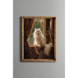 Pencere Kenarında Kedi – Vintage Desenli Çerçeve – İnce Model, Altın1, 15 x 21