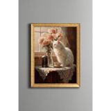 Pencere Önünde Kedi ve Çiçekler – Vintage Desenli Çerçeve – İnce Model, Altın3, 21 x 30