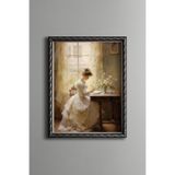 Pencere Önünde Mektup Yazan Kadın – Vintage Desenli Çerçeve – İnce Model, Gümüş, 30 x 40
