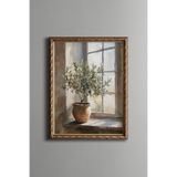 Pencere Önündeki Zeytin Ağacı - Vintage Desenli Çerçeve - İnce Model, Altın2, 15 x 21