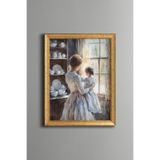 Pencerede Anne ve Çocuk - Vintage Desenli Çerçeve - İnce Model, Altın3, 15 x 21