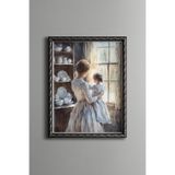 Pencerede Anne ve Çocuk - Vintage Desenli Çerçeve - İnce Model, Gümüş, 21 x 30