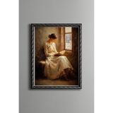 Pencerede Kitap Okuyan Kadın - Vintage Desenli Çerçeve - İnce Model, Gümüş, 30 x 40
