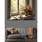 Pencerede Vazoda Çiçekler Dekoratif Kanvas - Mdf Ahşap Tablo
