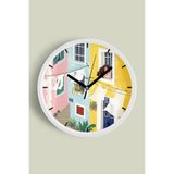 Penceredeki Kadın Ve Renkli Evler Modern Duvar Saati - 30cm - Önü Camlı Beyaz Kasa, JH0752S30BKP