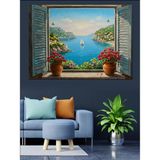 Pencereden Mavi Deniz Manzarası Dekoratif Kanvas - Mdf Ahşap Tablo - 100 X 140 Cm