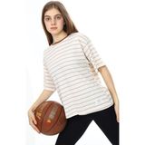 Pengai Krem Çizgili Bisiklet Yaka Kız Çocuk Kısa Kol T-Shirt 18380 - 9 - 10 Yaş