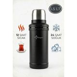 Penguen 1.5 Litre Avcı Termos Vakumlu Çelik Termos Kamp Piknik Çay Kahve Termosu SUS304 Bpa Free - Siyah