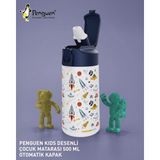 Penguen 500ML Çocuk Su Matarası Paslanmaz Çelik Sızdırmaz Kapaklı Pipetli Tasarım