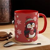 Penguen Tasarımlı Noel Temalı Porselen Kupa, 330 ml, Kırmızı, Kar Tanesi Desenli (İçi ve Kulpu Kırmızı)