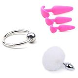 Penis Başı Halkası 25 mm + Silikon Üçlü Anal Tıkaç Seti Pembe + Kabarık Tavşan Kuyruğu Anal Tıkaç Beyaz