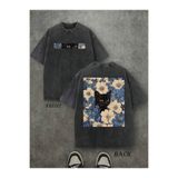 PENTHİLUS Retro Yıkamalı Çift Taraflı Baskılı Erkek Tişört “Cat in the Flowers” Desenli Street Style