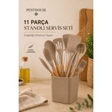 Penthouse 11 Parça Standlı Silikon Servis Seti Bambu Saplı Mutfak Gereçleri Seti Isıya Dayanıklı - Bej