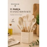 Penthouse 11 Parça Standlı Silikon Servis Seti Bambu Saplı Mutfak Gereçleri Seti Isıya Dayanıklı - Krem