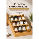 Penthouse 13 Parça Bambu Standlı Cam Baharatlık Seti 120 ml 12’li Baharat Kavanozu ve 16 Etiket - Bambu Rengi