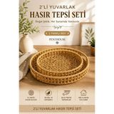 Penthouse 2'li Oval Hasır Tepsi Seti Doğal Rattan Görünümlü Dekoratif Sunum ve Servis Tepsisi