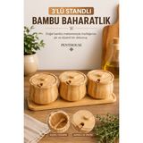 Penthouse 3'lü Standlı Bambu Baharatlık Seti Kapaklı Kaşıklı Doğal Bambu Baharat Saklama Kabı
