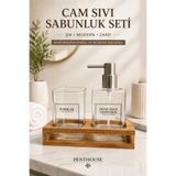 Penthouse Ahşap Standlı Sara Cam Sıvı Sabunluk Seti Banyo Düzenleyici Diş Fırçalık Modern Cam Banyo Seti