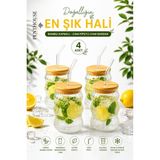 Penthouse Bambu Kapaklı Cam Pipetli Bardak Sunum Bardağı Dalgalı Tasarım, Soğuk & Sıcak Içecek Uyumlu - 4 Adet - Şeffaf - Ahşap