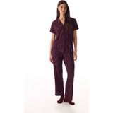 Penti Bordo Leopar Fitilli Kısa Kollu Gömlek Pantolon Pijama Takımı - Kırmızı - XS