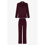 Penti Bordo Maroon Saten Çizgili Uzun Kollu Gömlek Pantolon Pijama Takımı