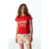 Penti Kırmızı Good Day Ayı Desenli Kısa Kollu Şort Pijama Takımı