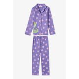 Penti Kız Çocuk Lila Feel Better Kedi Desenli Pamuklu Düğmeli Uzun Kollu Gömlek Pantolon Pijama Takımı