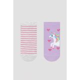 Penti Kız Çocuk Lila Unicorn Kalp Desenli 2li Patik Çorap - 27 - 30 - Açık Mor