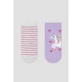 Penti Kız Çocuk Lila Unicorn Kalp Desenli 2li Patik Çorap - 35 - 37 - Renkli