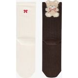 Penti Siyah Beyaz Fluffy Ribbon Bear Pamuklu 2 Çift Soket Çorap - 36 - 40 - Siyah - Beyaz