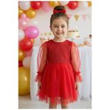 penu baby kids Kırmızı Uzun Tül Kol Detaylı Tütülü Kız Bebek Elbise