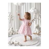 penu baby kids Pembe 3D Kelebek Figürlü Balon Kısa Kollu Kız Çocuk Kız Bebek Elbise