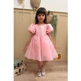 penu baby kids Pembe Karolin Balon Etek Balon Kollu Kurdeleli Kız Çocuk Kız Bebek Elbise