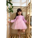 penu baby kids Pembe Pırıltı Kumaş Altı Tül Etekli Pamuk Astarlı Fiyonklu Uzun Kol Kız Çocuk Kız Bebek Elbise