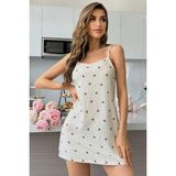 Penye Kiraz Desenli Pamuklu Mini Gecelik - Beyaz - L - XL