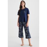 Penye Mood Comfort Mood Kadın Kapri Pijama Takımı Düz Yaka Lacivert Çiçek Desenli Yumuşak Dokulu