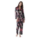 Penye Mood Kadın Çiçek Desenli Saten Pijama Takımı, Siyah, S Beden