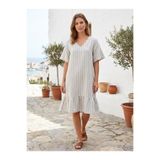Penyem Kadın V Yaka Keten Oversize Mini / Midi Elbise - Fırfırlı Etekli Yazlık Keten Elbise