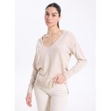 People By Fabrika V Yaka Loose Fit Kazak, L, 5003293302, Bej, Kadın L