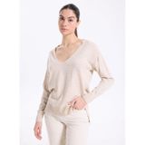 People By Fabrika V Yaka Loose Fit Kazak, M, 5003293302, Bej, Kadın