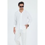 pepule Yeni Sezon Trend Oversize Mevsimlik Keten Dokulu Bol Kalıp Uzun Kollu Rahat Kullanım Erkek Beyaz Gömlek