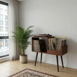 Pera 44x78x80cm Ahşap Retro Pikap Sehpası, Metal Raflı Plak Organizer, Plak Düzenleyici, Pikap Dolabı, Yan Sehpa (Ceviz)