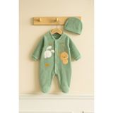 Pera Baby Play Tıme Nakışlı Kadife Bebe Tulum - Yeşil - 6 - 9 Ay