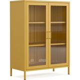 Pera Camlı Metal Dolap 110 Cm, Cam Kapaklı Vitrin - Büfe - Kitaplık ve Çok Amaçlı Dolap ( Raf Ayarlanabilir) Ral 1032 Hardal - Sarı