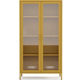 Pera Camlı Metal Dolap 150 Cm, Cam Kapaklı Vitrin - Büfe - Kitaplık ve Çok Amaçlı Dolap ( Raf Ayarlanabilir) Ral 1032 Hardal - Sarı
