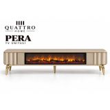 Pera Elektrikli Şömineli Tv Ünitesi 160 Cm Kumsal Bej Gold Metal Ayaklı Modern Tv Sehpası