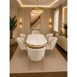 Pera Gold Serisi 6 Kişilik Krem Kumaş 90*168 Beyaz Lake Panel Yemek Masası Takımı – Luxury Concept