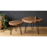 Pera Home Doğal Masif Ceviz Kütük Yan Sehpa - Firkete Metal Ayaklı Ahşap Sehpa - 2'li Zigon Sehpa Seti - Medium ve Large - 2'li Set – M + L